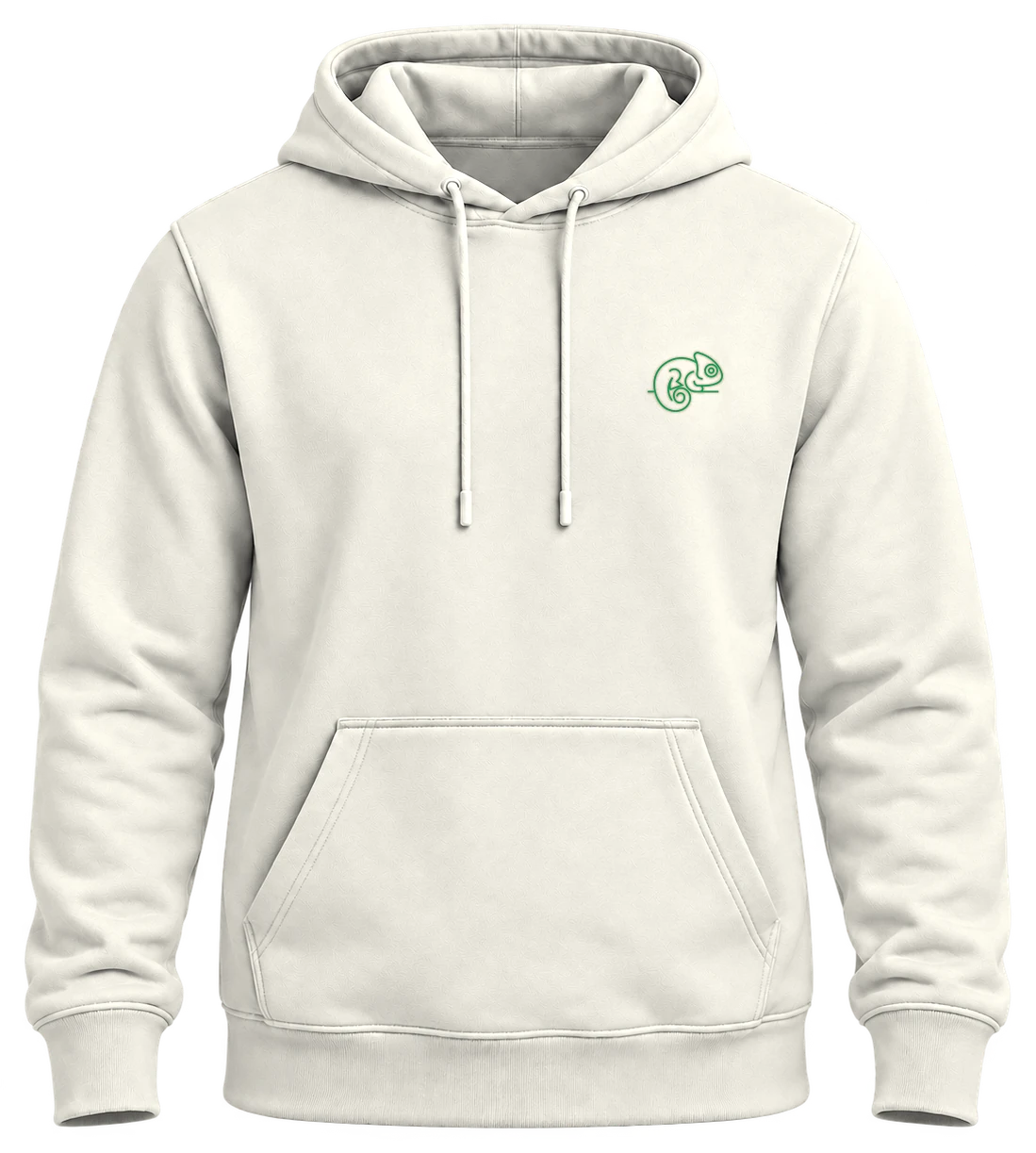 Design mockup of a beige hoodie with a small green chameleon emblem